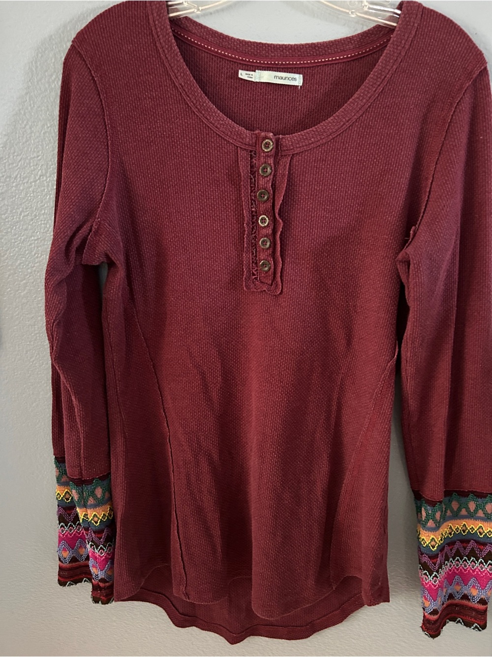 Maurices Maroon Henley Top with buttons and Colorful Cuff Detail Size XL